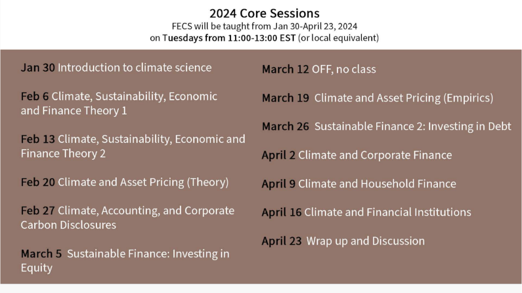 2024 Core Sessions
FECS will be taught from Jan 30-April 23, 2024 on Tuesdays from 11:00-13:00 EST (or local equivalent)